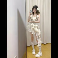 與欣甜系辣妹碎花新品連衣裙女夏季不規則荷葉邊收腰設計感吊帶裙子女 米白色 均碼