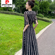 皮爾卡丹（pierre cardin）條紋長(zhǎng)裙2025年夏季新款法式雪紡黑色連衣裙女收腰 黑色條紋 S