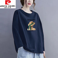 皮爾卡丹（pierre cardin）純.棉圓領(lǐng)長(cháng)袖T恤女胖m妹大尺碼寬松休閑春秋季時(shí)尚中長(cháng)款打底衫 藏藍色 【213-草帽女孩】今年流 M 【建議100-120斤】