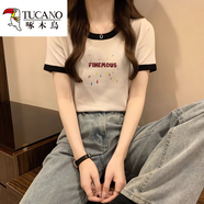 啄木鳥2025夏季拼色正肩冰絲圓領(lǐng)短袖T恤女休閑百搭上衣杏色顯瘦設計感 杏色FINEMOUS L