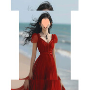 FHHUABD海邊度假紅色雪紡沙灘連衣裙女夏法式茶歇絕美收腰泡泡袖長(cháng)裙飄逸 紅色 【模特同款】 M