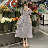 俞兆林法式泡泡袖露背方領(lǐng)碎花連衣裙2025年夏季新款簡(jiǎn)約收腰顯瘦中長(cháng)裙 藍色 2XL