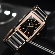 歐派（Oupai）長(cháng)方形手表男士商務(wù)黑色陶瓷鋼帶石英表防水男表十大名牌方型腕表 玫金條釘男款