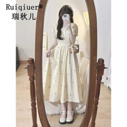 瑞秋兒杏色娃娃領(lǐng)碎花連衣裙女夏季新款女裝小個子溫柔氣質(zhì)公主長裙子 杏色 S