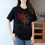 PHJ短袖t恤女夏季新款韓版減齡上衣寬松顯瘦圓領(lǐng)印花半袖體恤衫 黑色 M