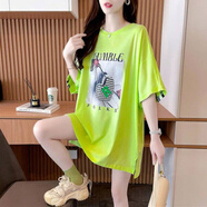 AEMAPE2025夏季新款短袖T恤女中長(zhǎng)款大碼胖mm后背織帶拼接開(kāi)叉上衣 綠色  L 115-135斤