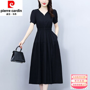 皮爾卡丹（pierre cardin）2025夏季新款黑色連衣裙大碼感氣質(zhì)名媛修身顯瘦別致純色裙子 黑色 M 85-95斤