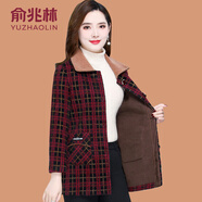 俞兆林（YUZHAOLIN）媽媽冬裝加絨加厚格子毛呢外套時(shí)尚中老年女秋冬皮毛一體呢子大衣 紅格 XL (參考90-105斤)
