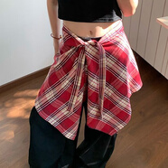 暢印美式復(fù)古不規(guī)則格紋拼接疊穿屁簾女時(shí)尚百搭辣妹穿搭高級感半身裙 紅色格子