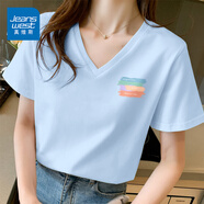 真維斯（JEANSWEST）V領(lǐng)正肩短袖t恤夏季2025新款純棉正肩體恤夏日穿搭小個(gè)子半袖上衣 天藍(lán) 多彩人生_K L