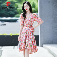 皮爾卡丹（pierre cardin）夏季短袖連衣裙女裝2024新款韓版高腰顯瘦時尚中長款碎花雪紡裙子 粉色花 L （105-115斤）