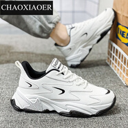 潮小二（CHAOXIAOER）男鞋夏季韓版潮流鞋子百搭網(wǎng)面運(yùn)動休閑跑步板鞋小白增高老爹潮鞋 白黑【皮面875】 42