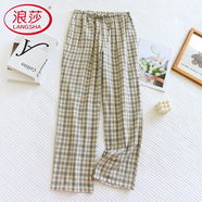 浪莎（LangSha）日系純棉紗布睡褲女長(zhǎng)褲春秋季格子外穿居家褲時(shí)尚睡衣褲家居褲 格調(diào)灰 全棉棉布 L 110-125斤