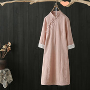 FHHUABD春秋季新款棉麻提花改良旗袍連衣裙女復古盤(pán)扣七分袖禪意茶服套裝 粉紅色裙子 XL