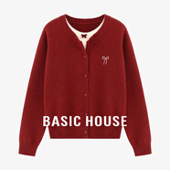 Basic House/百家好溫柔風(fēng)假兩件針織開(kāi)衫春季新款蝴蝶結軟糯上衣 紅色 S