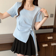 HUALIN FASHION夏大碼女T恤法式圓領(lǐng)不規(guī)則綁帶短袖Tshirt2025 藍(lán)色 2XL 大