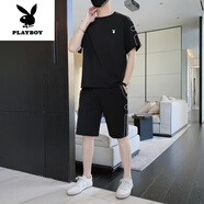 花花公子（PLAYBOY）輕奢高檔男士休閑套裝夏季短袖t恤薄款寬松短褲衣服男運動(dòng)服新品 H8805黑色 M