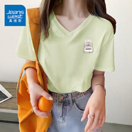 真維斯（JEANSWEST）v領(lǐng)t恤女2025夏季新款純棉短袖女韓版潮流小個(gè)子寬松正肩短袖上衣 淺綠 口袋小狗_K L