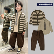 巧米兔童裝男童套裝2025春秋新款針織開(kāi)衫領(lǐng)帶襯衫褲子三件套中大童男孩 ZH2466綠色開(kāi)衫+卡其襯衫+咖啡褲 170