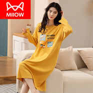 貓人（MiiOW）睡裙女春秋純棉長袖新款全棉連體睡衣寬松家居服連衣裙 黃色 TY 7202 M 【建議80-100斤】