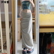 伊琦蕾（YIQILEI）歐美ins半身裙春夏季修身高腰顯瘦開(kāi)叉長(zhǎng)裙半裙辣妹中長(zhǎng)款工裝裙 卡其色 S