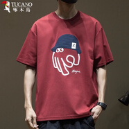 啄木鳥（TUCANO）短袖t恤男紅色2025夏季新款刺繡印花涼感寬松大碼男士半袖體恤衫 紅色 【強(qiáng)烈推薦】 L 【體重適合120-140斤】