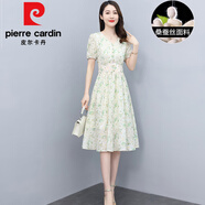 皮爾卡丹（pierre cardin）氣質(zhì)真|絲連衣裙女夏季新款2022年桑蠶|絲短袖碎花A字裙子女裝潮 綠色 S