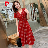 皮爾卡丹法式復(fù)古波點(diǎn)開叉連衣裙女小個(gè)子2025新款氣質(zhì)顯瘦酒紅色裙子夏季 酒紅色 M 建議95-105斤