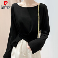 皮爾卡丹（pierre cardin）冰絲防曬罩衫女夏季薄款寬松大領(lǐng)口長袖t恤設(shè)計(jì)感不規(guī)則針織上衣 雅典黑 M