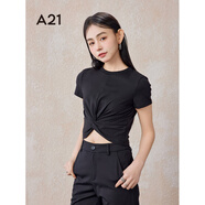 A21女裝針織修身圓領(lǐng)短袖T恤夏季設(shè)計(jì)感皺感顯身材短款打底衫 黑色 S