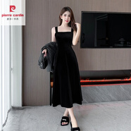皮爾卡丹（pierre cardin）西裝雪紡吊帶連衣裙2025春夏新款赫本風(fēng)黑色a字裙中長(cháng)款打底裙夏 8777秋冬絲絨長(cháng)款 S