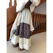 凱姿兔法式田園碎花蕾絲半身裙女秋冬新款蓬蓬裙 杏色 S