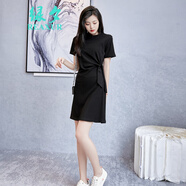綠夕（REAXUR）女士裙子女夏季2025新款小個子連衣裙夏天氣質T恤裙收腰顯瘦衣服 黑色 M （建議100斤-110斤）