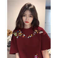 文頗100%純棉潮牌設計感個(gè)性卡通印花男女學(xué)生寬松透氣短袖t恤上衣ins 220克-酒紅 S 建議85-95斤