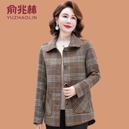 俞兆林（YUZHAOLIN）媽媽春秋裝格子外套洋氣高貴2025新款中老年女裝翻領雙面呢子上衣 咖色 2XL (參考105-120斤)