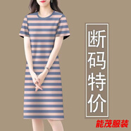 萱眸大碼韓版衣服寬松短袖條紋中長(cháng)款修身連衣裙女 F258粉藍條紋-圓/領(lǐng)短/袖裙 XL 建議110-125