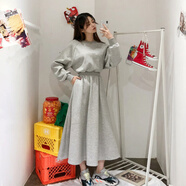 京濮飛韓版顯瘦大碼連衣裙長袖收腰衛(wèi)衣潮 灰色 L