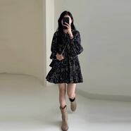 FSHE茶歇法式黑色碎花連衣裙子女款2025新款春季小個(gè)子氣質(zhì)超好看短裙 黑色碎花裙 S