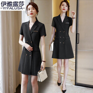 伊雅露莎職業(yè)裝女西裝連衣裙短袖夏季商務(wù)通勤正裝風(fēng)衣裙面試工作服5105 黑色 L
