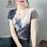 AEMAPE歐洲站2025夏裝新款復(fù)古素雅印花短袖t恤女洋氣修身顯瘦打底上衣 圖片色 XL (115-125斤拍)
