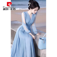 皮爾卡丹（pierre cardin）法式優(yōu)雅風(fēng)2025春夏季超好看連衣裙女V領(lǐng)收腰顯瘦輕薄袖裙子 藍(lán)色連衣裙 L 【建議100-120斤】
