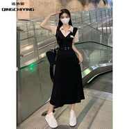 清池影（QINGCHIYING）美式翻領(lǐng)短袖襯衣拼接假兩件長(cháng)裙子夏季學(xué)院風(fēng)收腰腰帶連衣裙 黑色長(cháng)款 【款】 2XL 【建議125-135】