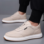 澳倫頭層牛皮板鞋男輕奢百搭商務(wù)皮鞋透氣防臭軟底休閑運動(dòng)小白鞋 米白色 38