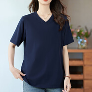 PHJ短袖t恤女夏季新款寬松顯瘦V領(lǐng)百搭體恤衫韓版休閑純色半袖上衣 寶藍色 M