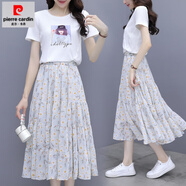 皮爾卡丹（pierre cardin）2025夏新款雪坊碎花半身裙兩件套女裝小清新文藝高腰氣質(zhì)長款裙子 套裝白色T恤+雪紡半身裙【有內(nèi)襯 L 建議105-120斤