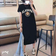 榮西圖溫柔風(fēng)韓版顯瘦連衣裙娃娃領(lǐng)短袖長裙女 黑色【印花 長裙】 M 建議100到110斤