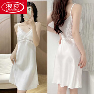 浪莎（LangSha）2025新款帶胸墊睡裙女夏V領(lǐng)薄款免文胸寬松大碼吊帶連衣裙家居服 1076白色裙帶胸墊送內褲 S 【70-85斤】