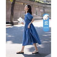 德瑪納【克萊因藍(lán)】夏季法式純棉抽褶寬松腰泡泡袖A字中長女式連衣裙