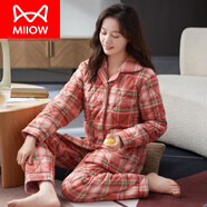 貓人（MiiOW）睡衣女士冬天三層加厚純棉夾棉棉襖秋冬季冬款家居服保暖全棉套裝 8001-三層加厚夾棉-里外純棉-都- M 160(：體重90-110斤)