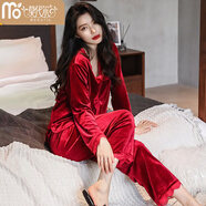 莫代爾金絲絨睡衣女春秋性感長(cháng)袖套裝純色蕾絲韓國開(kāi)衫季家居服兩件套 789 酒紅 M 建議體重80-100斤